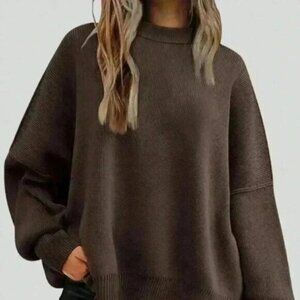 Coffee Brown Casual Women's Solid Drop Shoulder Split Hem Sweater